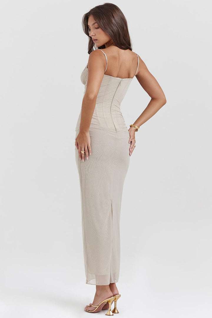 Felisa | Elegante Lange Maxi Jurk met snit-Zomer Jurken-Calora-Beige-XS-Calora