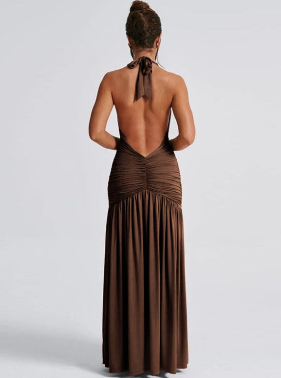 Florencia | Bruine Geplooide Split Halter V-hals Rugloze Jurk-Feest Jurken-Calora-S-Calora