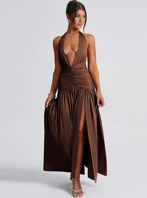 Florencia | Bruine Geplooide Split Halter V-hals Rugloze Jurk-Feest Jurken-Calora-S-Calora