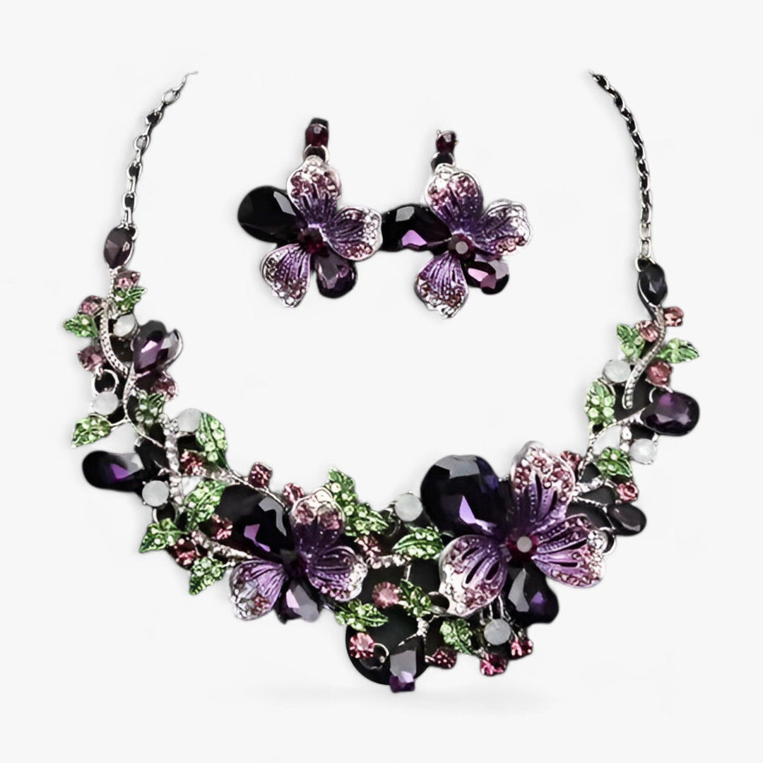 FLORENTIA | Bruidssieraden - bloemenketting en oorbellen-Armbanden-Calora-Paars-42cm-Calora