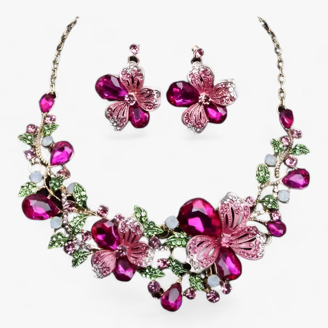 FLORENTIA | Bruidssieraden - bloemenketting en oorbellen-Armbanden-Calora-Roze-42cm-Calora