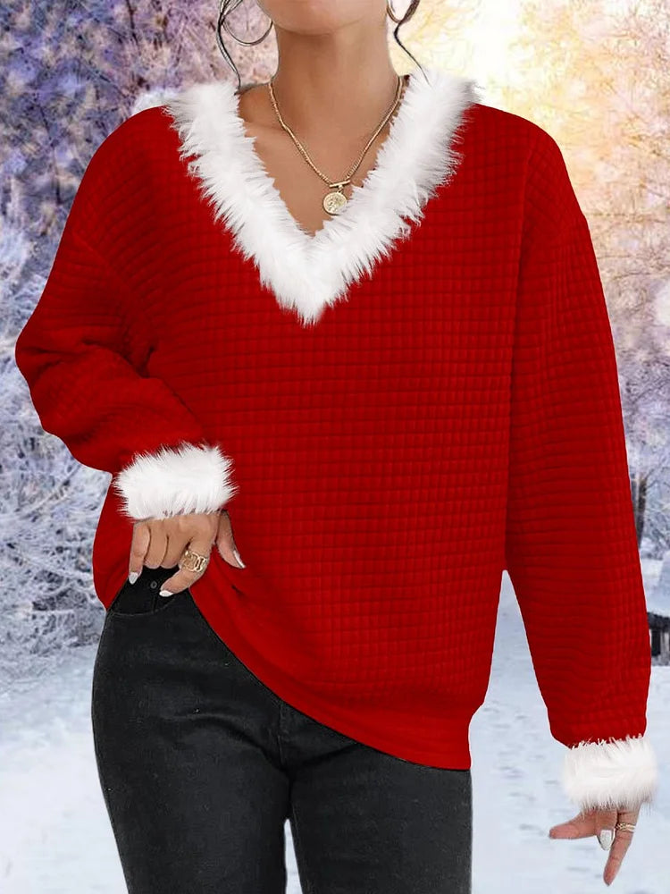Fluffy wafel Kersttrui Sweater-Sweaters-Calora-Rood-S-Calora