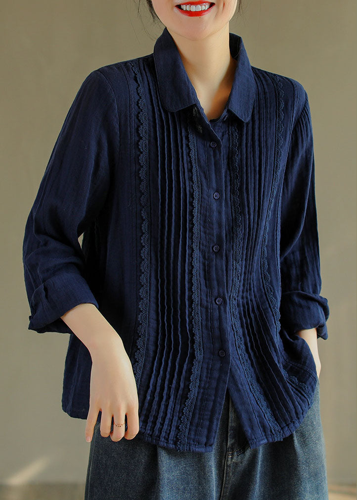 Franse blauwe Katoenen Shirt met knopen en Peter Pan Kraag-Shirts & Topjes-Calora-S-Calora
