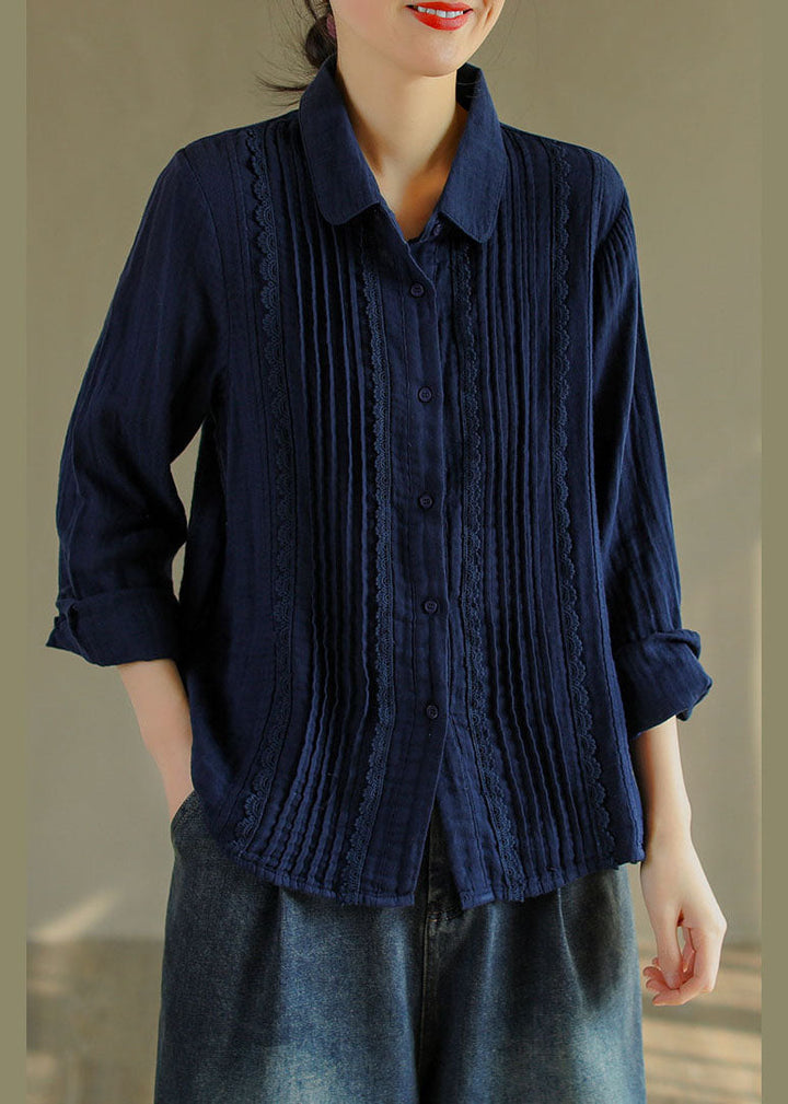 Franse blauwe Katoenen Shirt met knopen en Peter Pan Kraag-Shirts & Topjes-Calora-S-Calora