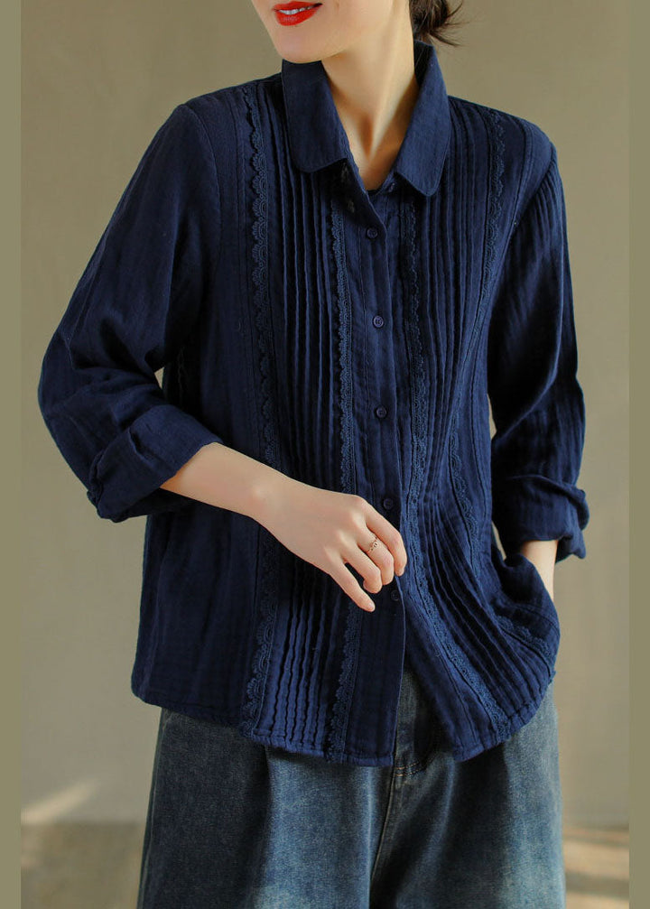 Franse blauwe Katoenen Shirt met knopen en Peter Pan Kraag-Shirts & Topjes-Calora-S-Calora
