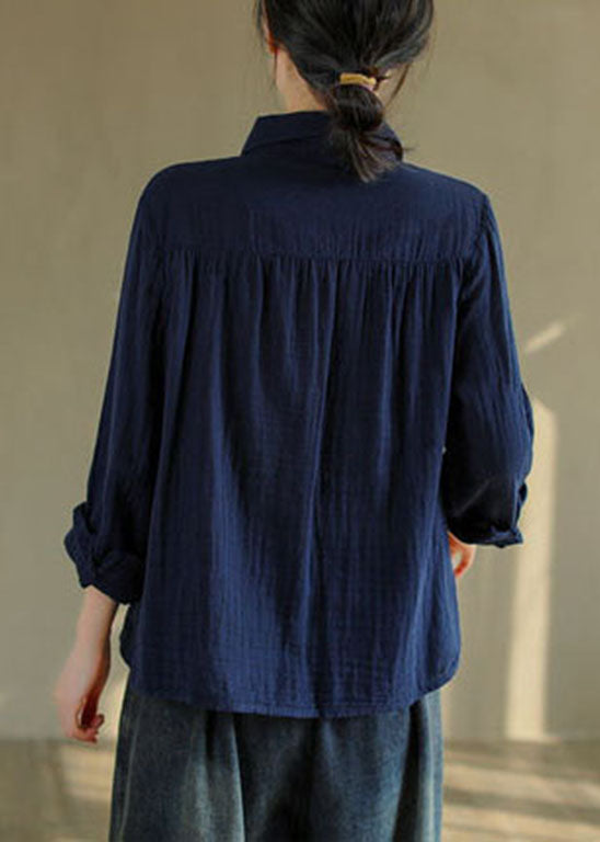Franse blauwe Katoenen Shirt met knopen en Peter Pan Kraag-Shirts & Topjes-Calora-S-Calora