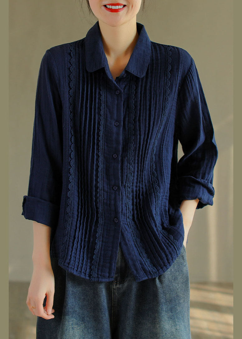 Franse blauwe Katoenen Shirt met knopen en Peter Pan Kraag-Shirts & Topjes-Calora-S-Calora