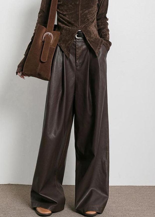 CALORA_ Franse bruine zakken hoge taille kunstleer broek herfst