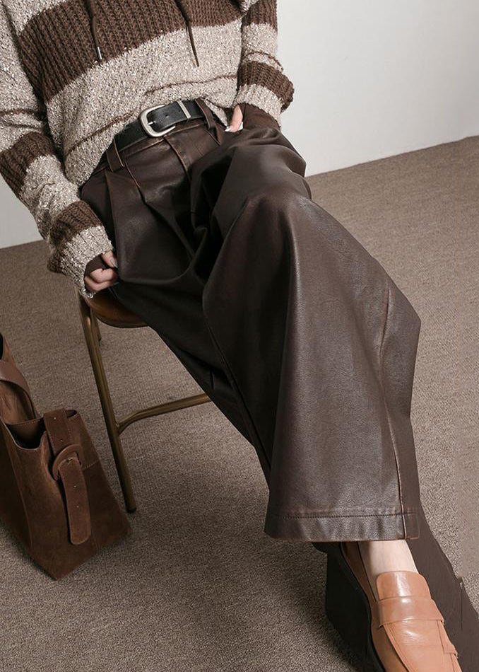 CALORA_ Franse bruine zakken hoge taille kunstleer broek herfst