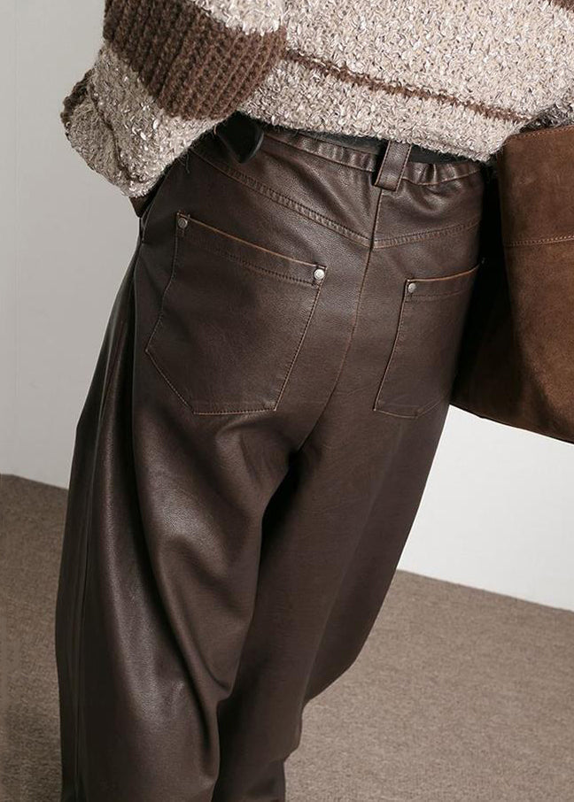 CALORA_ Franse bruine zakken hoge taille kunstleer broek herfst