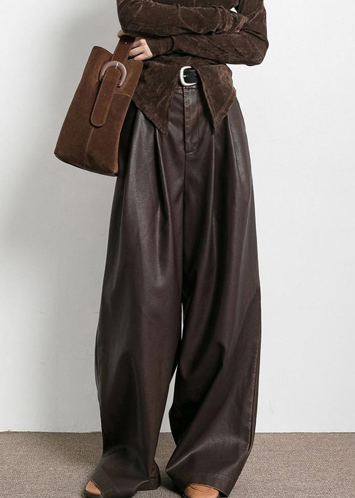 CALORA_ Franse bruine zakken hoge taille kunstleer broek herfst