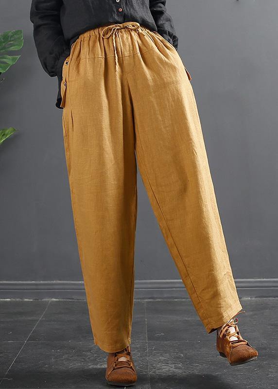 Franse Lente Wijde Pijpen Broek met Elastische Taille-Wijde Broeken-Calora-Geel-XL-Calora