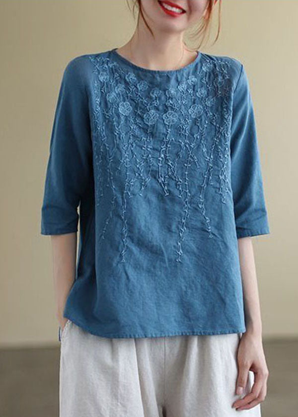 Franse O-hals geborduurde katoenen blouses halve mouw-Blouses-Calora-Blauw-S-Calora