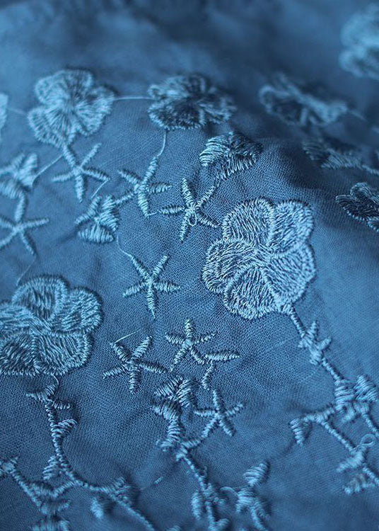 Franse O-hals geborduurde katoenen blouses halve mouw-Blouses-Calora-Blauw-S-Calora