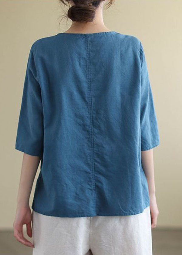 Franse O-hals geborduurde katoenen blouses halve mouw-Blouses-Calora-Blauw-S-Calora