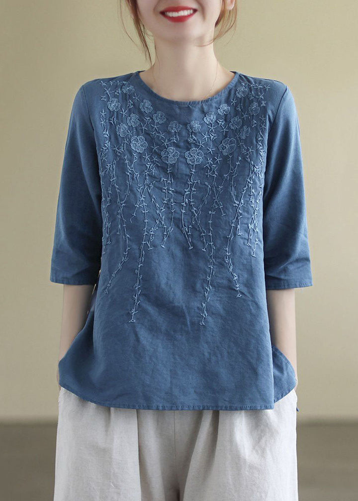 Franse O-hals geborduurde katoenen blouses halve mouw-Blouses-Calora-Blauw-S-Calora