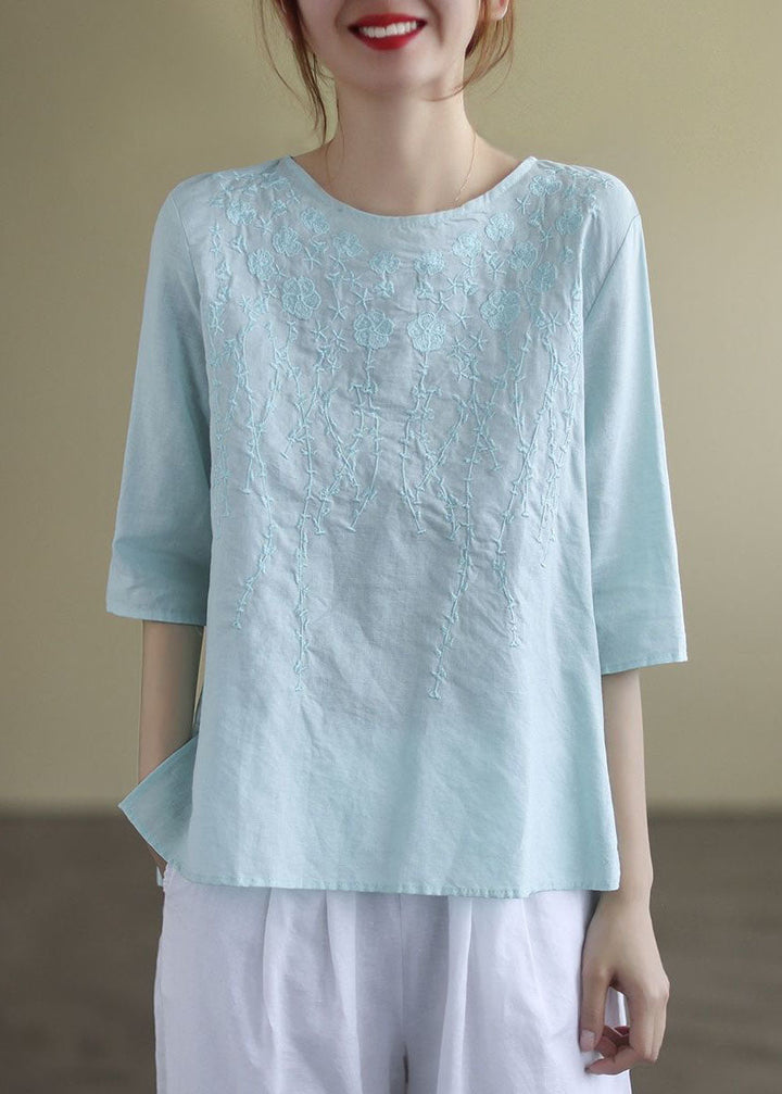 Franse O-hals geborduurde katoenen blouses halve mouw-Blouses-Calora-Lichtblauw-S-Calora