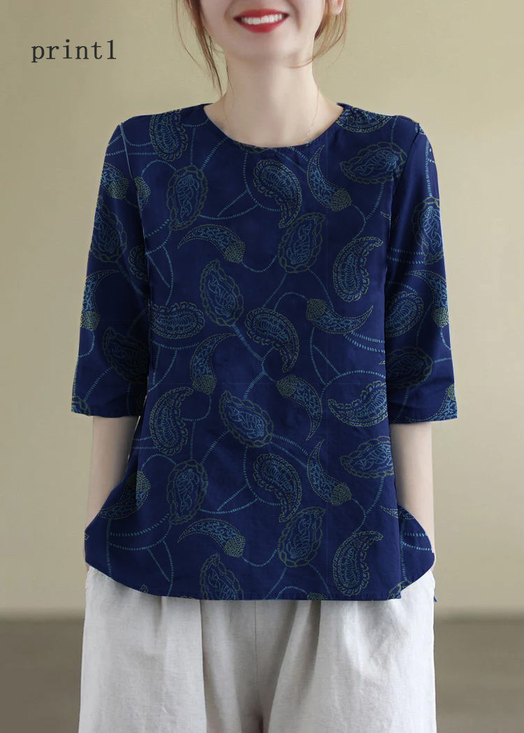 Franse O-hals geborduurde katoenen blouses halve mouw-Blouses-Calora-print1-S-Calora