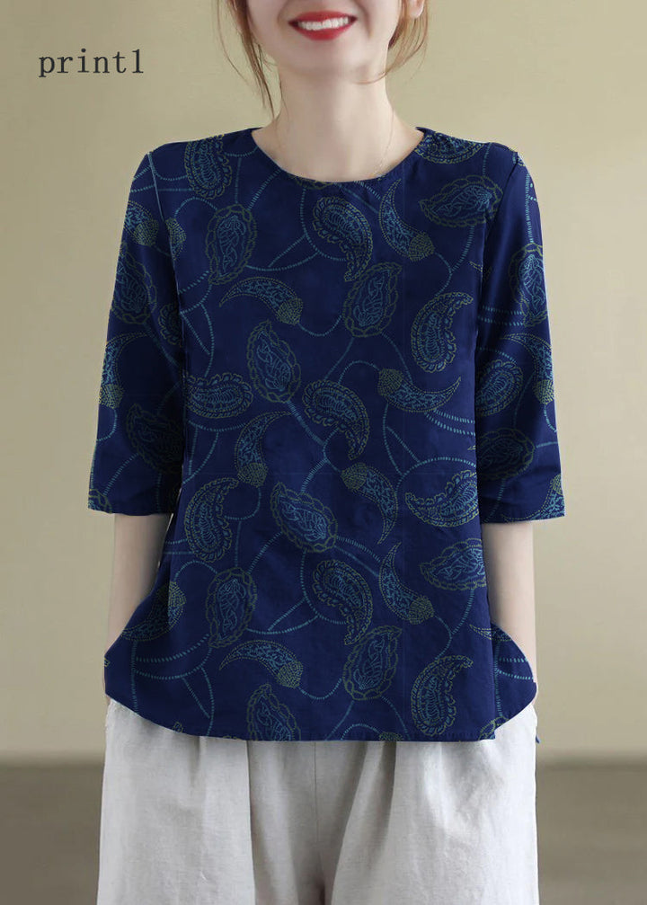 Franse O-hals geborduurde katoenen blouses halve mouw-Blouses-Calora-print1-S-Calora