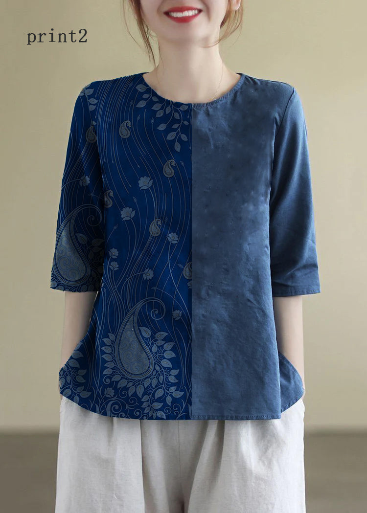 Franse O-hals geborduurde katoenen blouses halve mouw-Blouses-Calora-print2-S-Calora