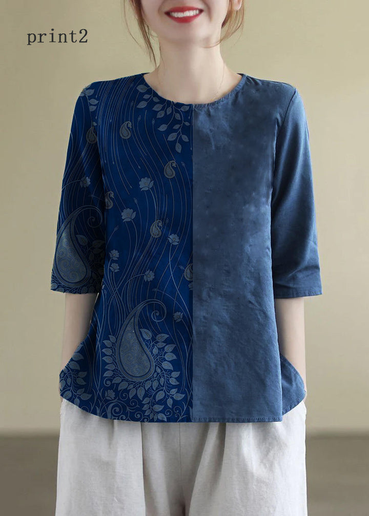 Franse O-hals geborduurde katoenen blouses halve mouw-Blouses-Calora-print2-S-Calora