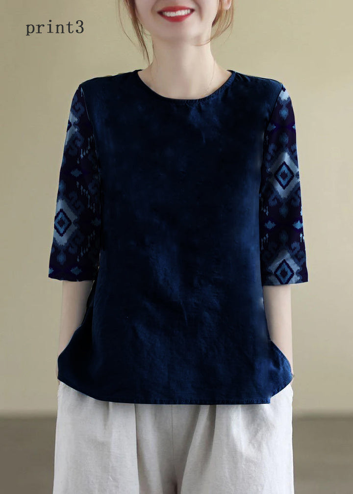 Franse O-hals geborduurde katoenen blouses halve mouw-Blouses-Calora-print3-S-Calora