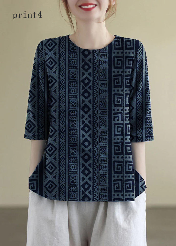 Franse O-hals geborduurde katoenen blouses halve mouw-Blouses-Calora-print4-S-Calora