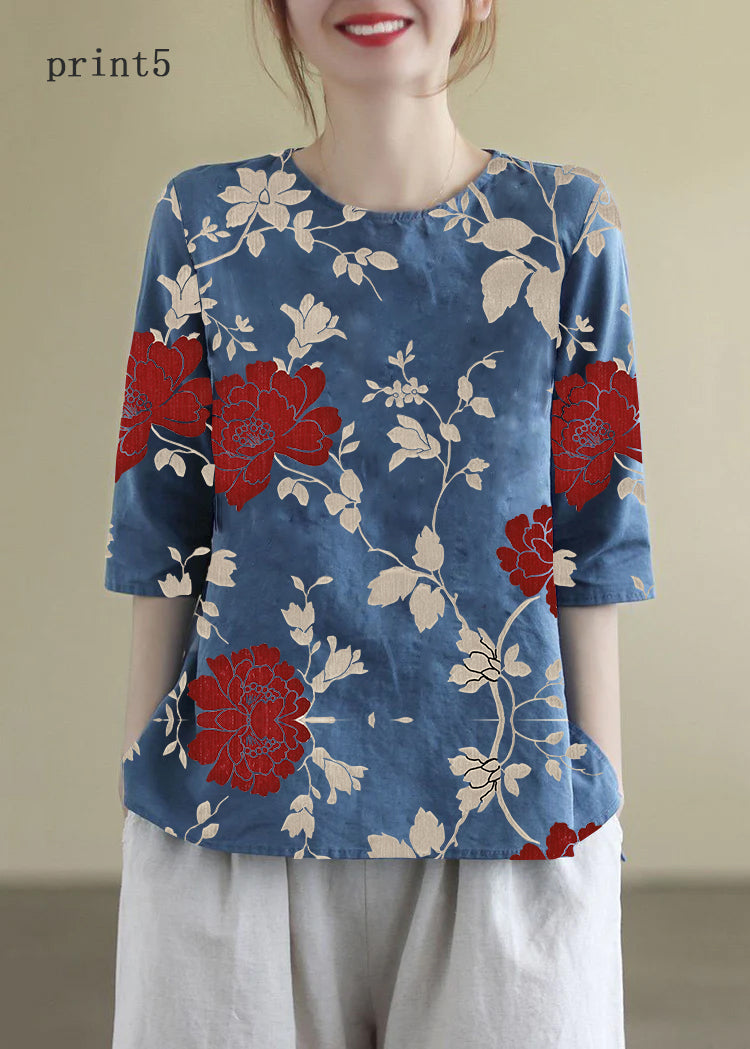 Franse O-hals geborduurde katoenen blouses halve mouw-Blouses-Calora-print5-S-Calora