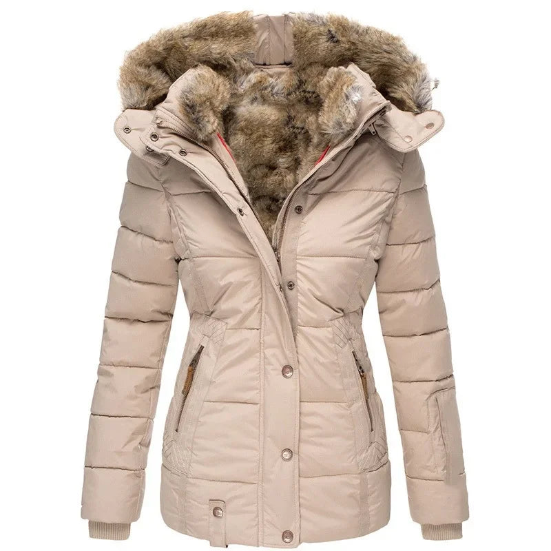 Frederique | Winterjas voor dames met capuchon en rits, bontkraag-Zomer Jassen-Calora-Abrikoos-S-Calora