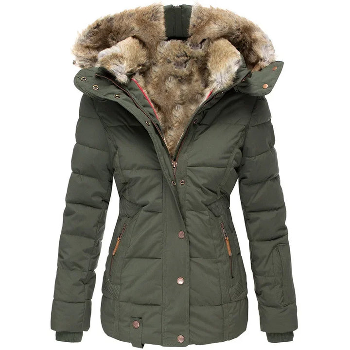 Frederique | Winterjas voor dames met capuchon en rits, bontkraag-Zomer Jassen-Calora-Legergroen-S-Calora