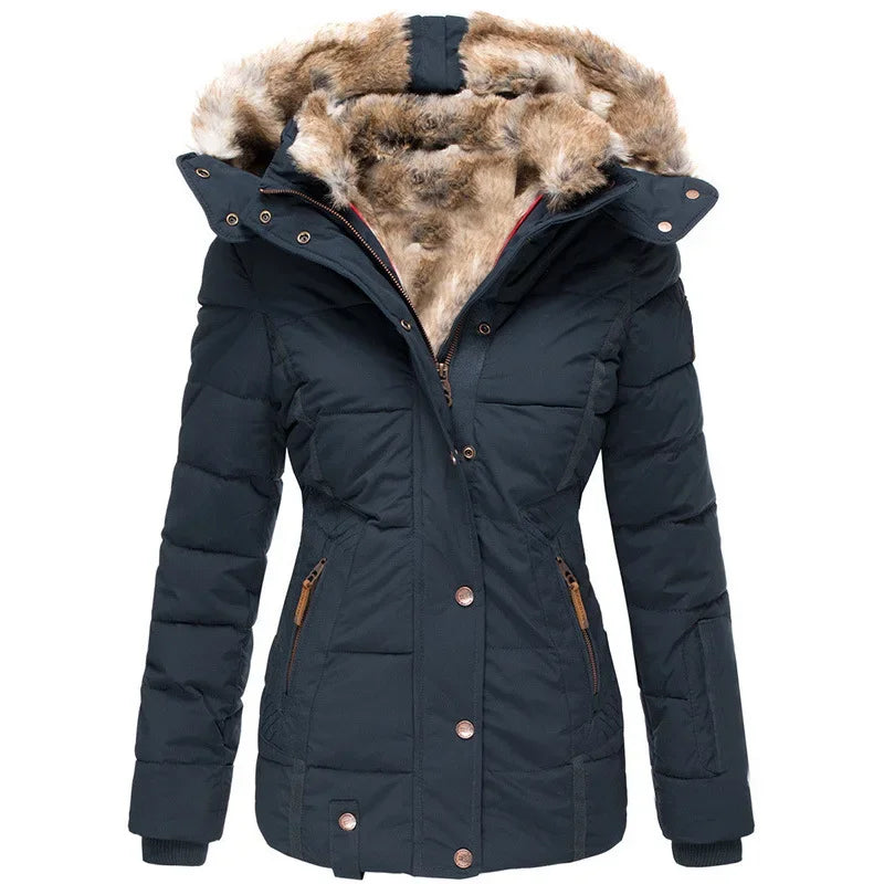 Frederique | Winterjas voor dames met capuchon en rits, bontkraag-Zomer Jassen-Calora-Marineblauw-S-Calora