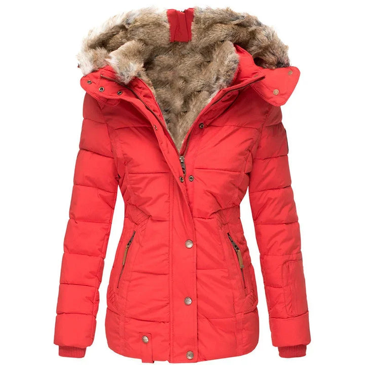 Frederique | Winterjas voor dames met capuchon en rits, bontkraag-Zomer Jassen-Calora-Rood-S-Calora