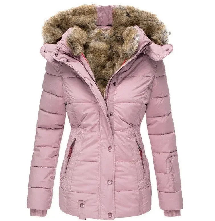 Frederique | Winterjas voor dames met capuchon en rits, bontkraag-Zomer Jassen-Calora-Roze-S-Calora