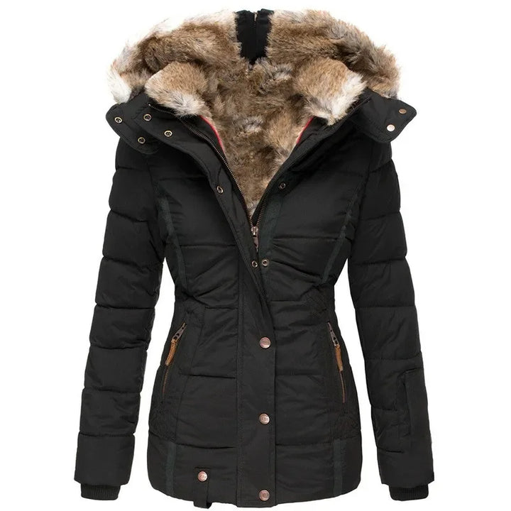 Frederique | Winterjas voor dames met capuchon en rits, bontkraag-Zomer Jassen-Calora-Zwart-S-Calora