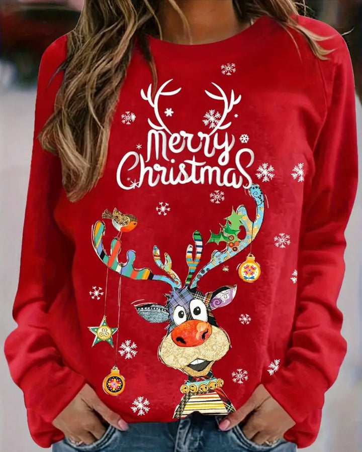 Frosty | Dames kersttrui met ronde hals en hertenprint-Sweaters & Truien-Calora-Rood-S-Calora