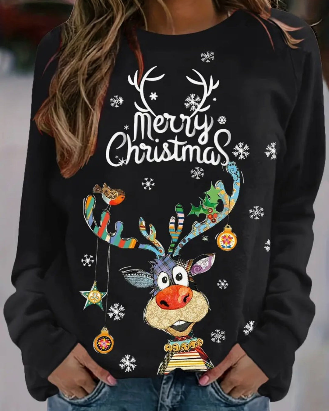 Frosty | Dames kersttrui met ronde hals en hertenprint-Sweaters & Truien-Calora-Zwart-S-Calora