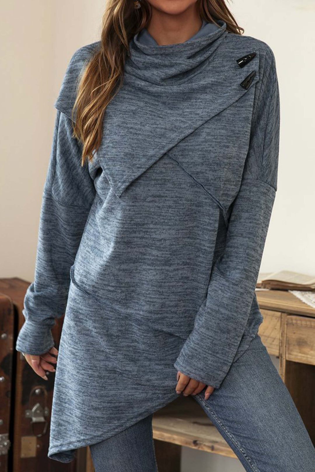 Fundira | Lange mouwen gesplitst gebreide knooptrui-Blazers & Vesten-Calora-Blauw-S-Calora