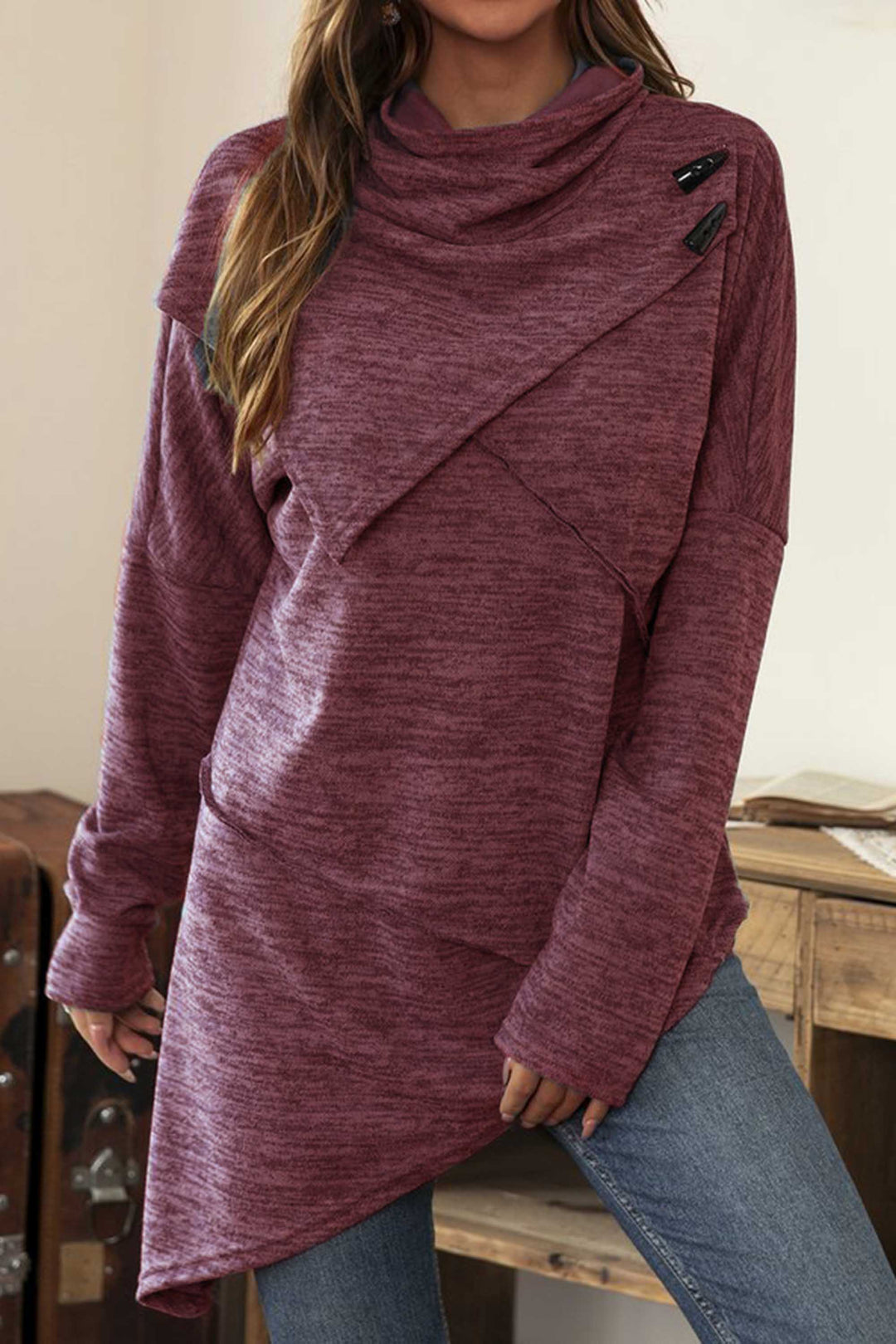 Fundira | Lange mouwen gesplitst gebreide knooptrui-Blazers & Vesten-Calora-Rood-S-Calora