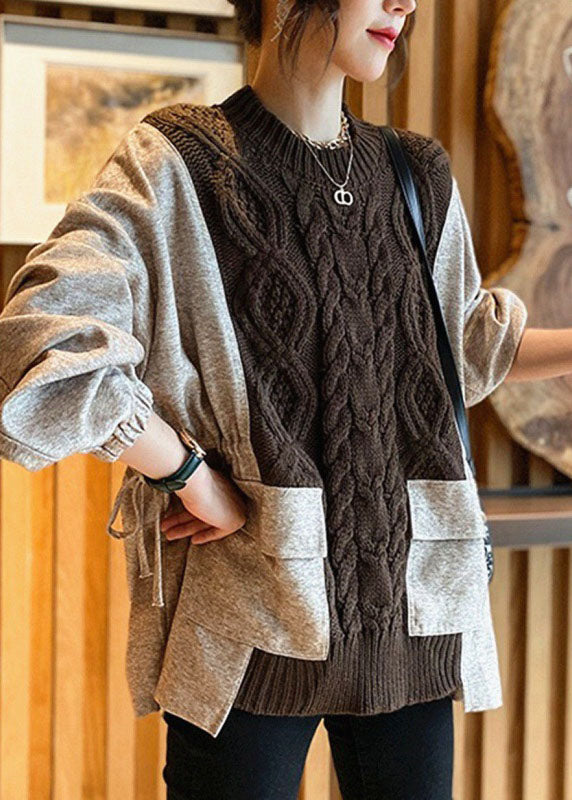 Fundira | O-hals gebreide losse trui-Blazers & Vesten-Calora-Koffie-Eén maat-Calora