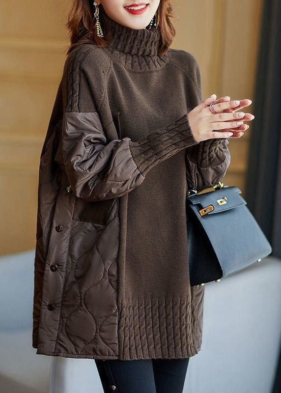 Gebreide herfst Sweater coltrui met patchwork en losse pasvorm-Blazers & Vesten-Calora-Bruin-S-Calora