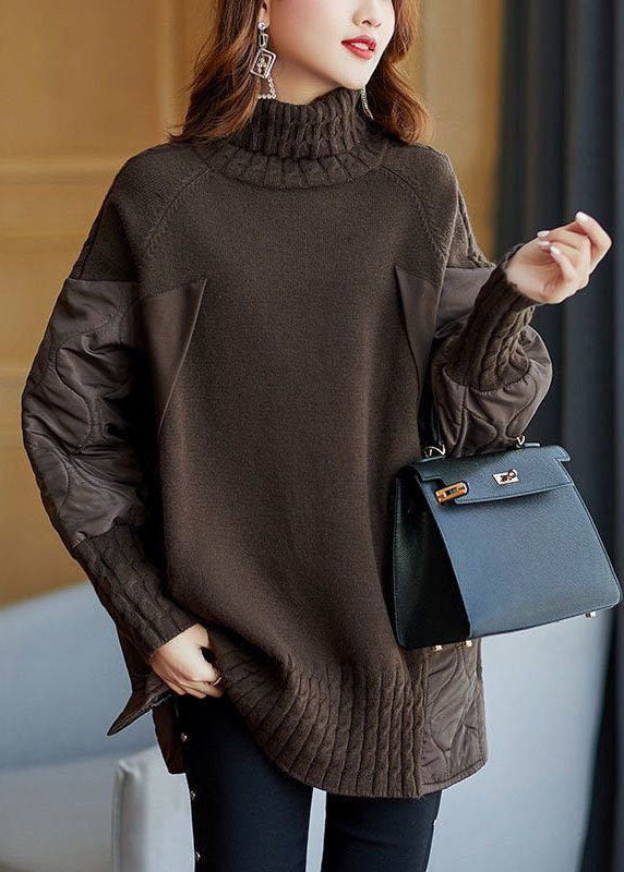Gebreide herfst Sweater coltrui met patchwork en losse pasvorm-Blazers & Vesten-Calora-Bruin-S-Calora