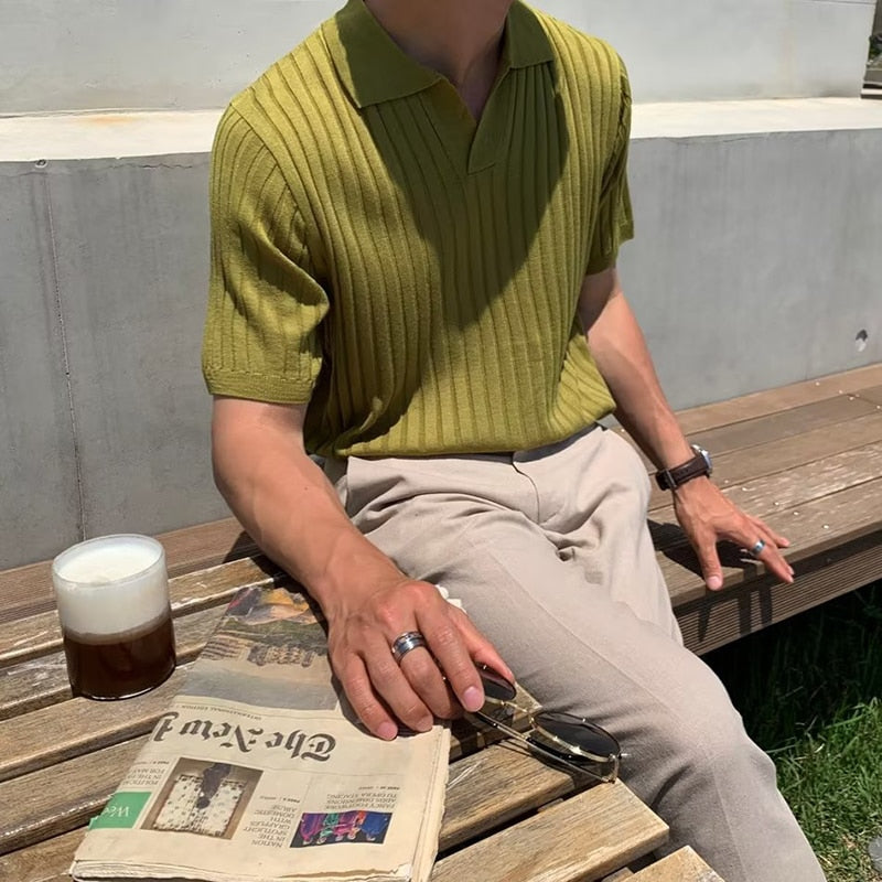 CALORA_ Gebreide Polo voor heren - Effen slim fit met korte mouwen en ribkraag