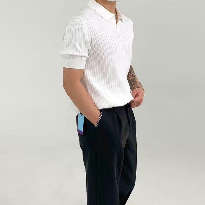 CALORA_ Gebreide Polo voor heren - Effen slim fit met korte mouwen en ribkraag