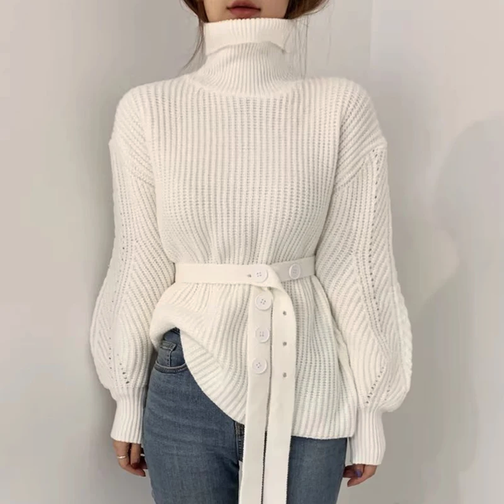 Gebreide trui met hoge hals, slouchy pasvorm en pofmouwen-Blazers & Vesten-Calora-Wit-S-Calora