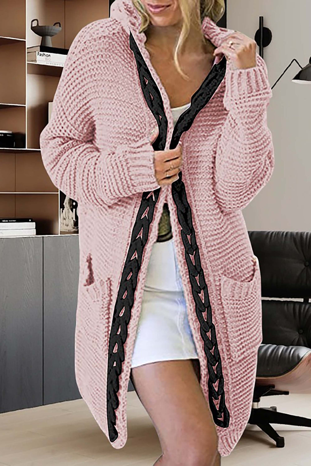 Gebreide trui met lange mouwen en capuchon in contrasterende kleur-Blazers & Vesten-Calora-Grijs-S-Calora