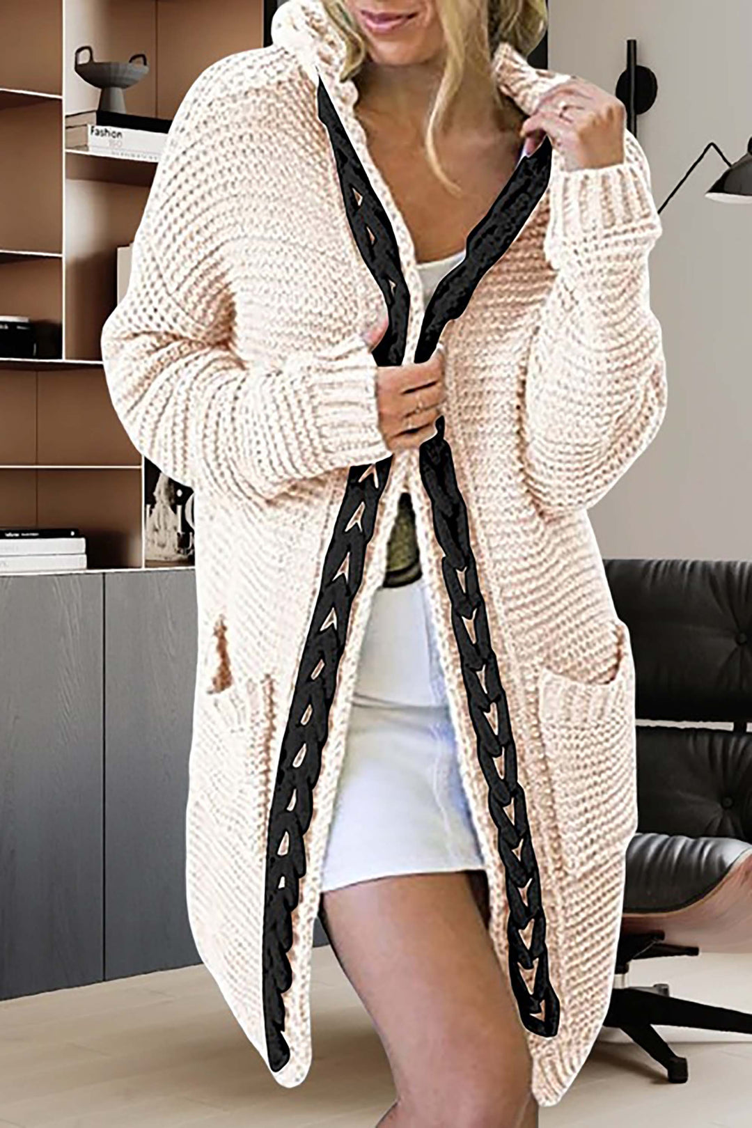 Gebreide trui met lange mouwen en capuchon in contrasterende kleur-Blazers & Vesten-Calora-Grijs-S-Calora
