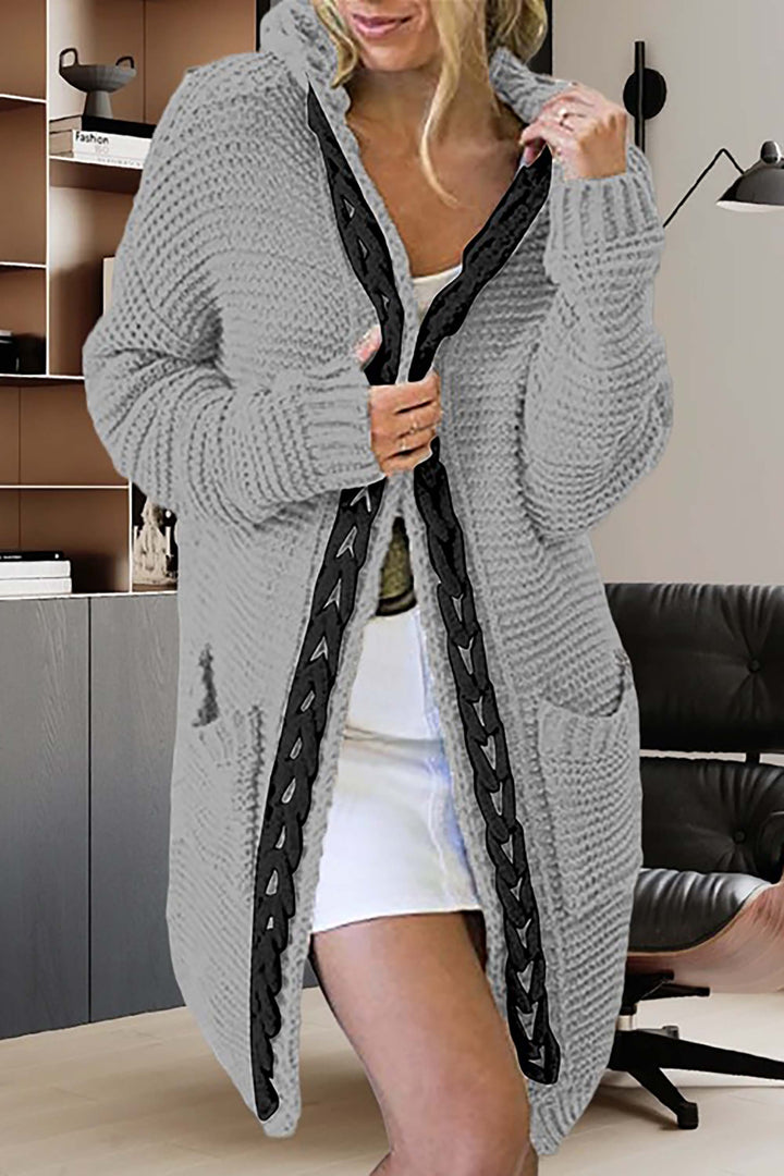 Gebreide trui met lange mouwen en capuchon in contrasterende kleur-Blazers & Vesten-Calora-Grijs-S-Calora