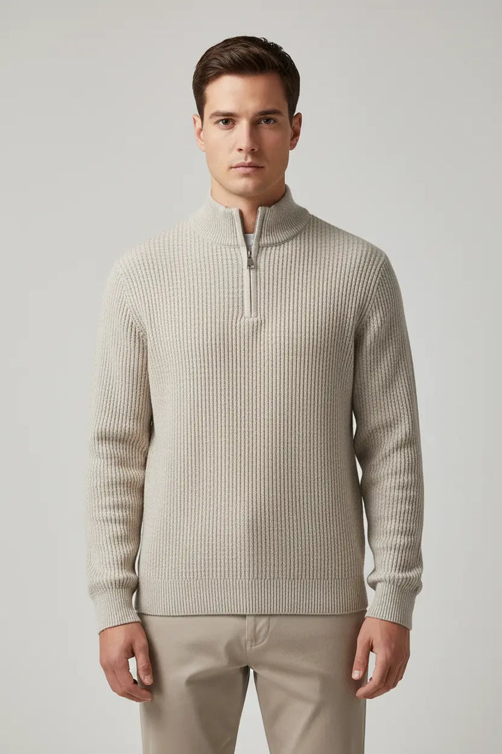 Ribbed Men's Sweater with Half Zipper