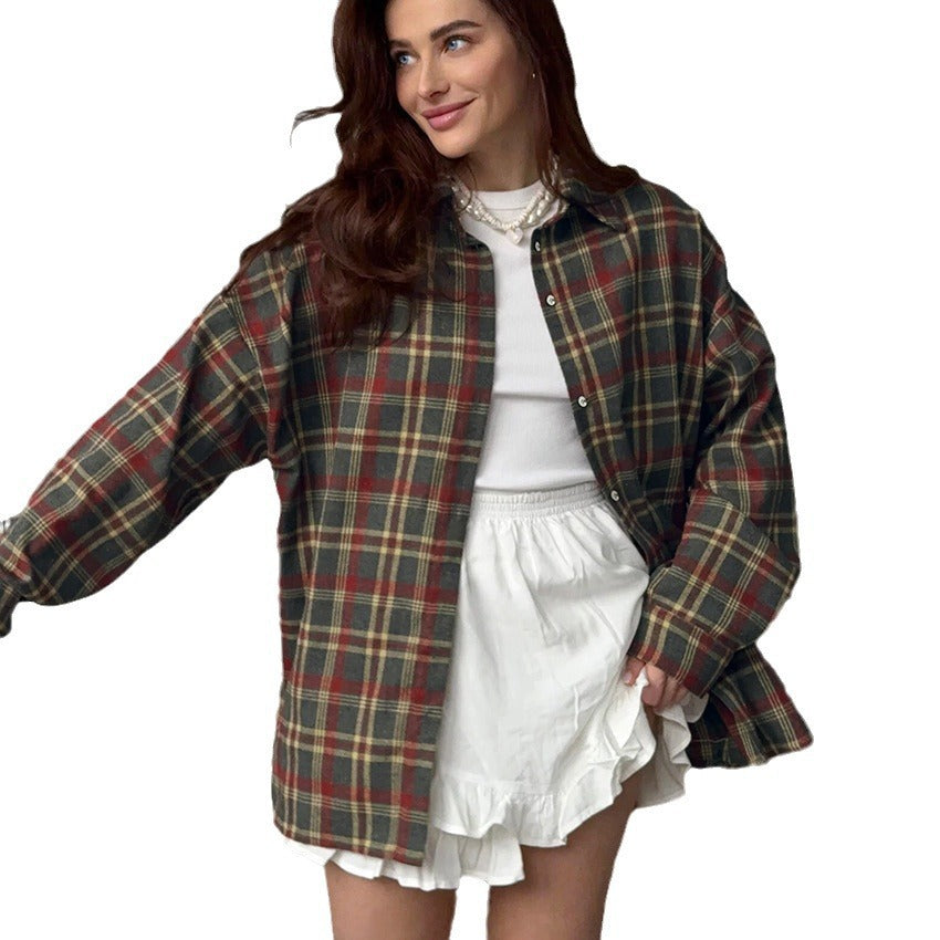 CALORA_ Geruit Retro Vest met Lange Mouwen en POLO-Kraag van Polyester-Katoen