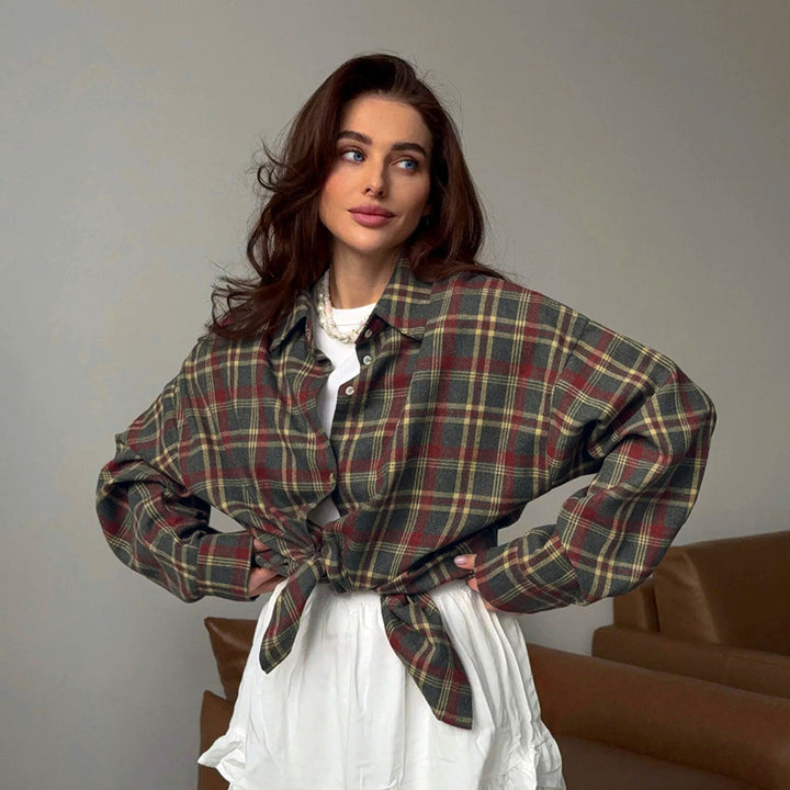 CALORA_ Geruit Retro Vest met Lange Mouwen en POLO-Kraag van Polyester-Katoen